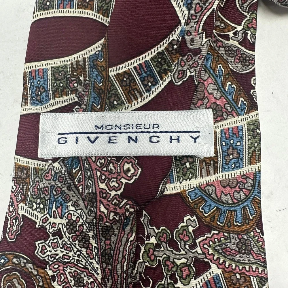 Givenchy Necktie Men Burgundy Paisley Mosaic Silk Monsieur Vintage